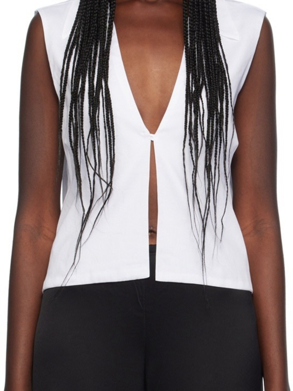 LESET White Deep V Front-Slit Sleeveless Blouse
